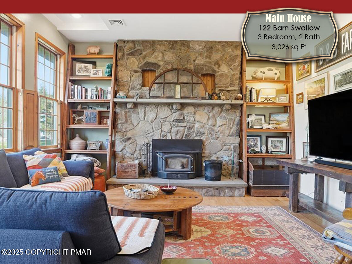 130 Barn Swallow Lane Cresco, PA 18326 - Photo 6 of 75 a living room with furniture a flat screen tv and a fireplace