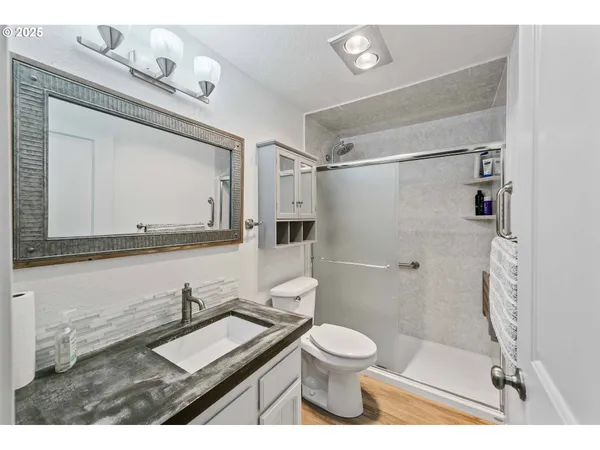 a bathroom with a sink a toilet and shower