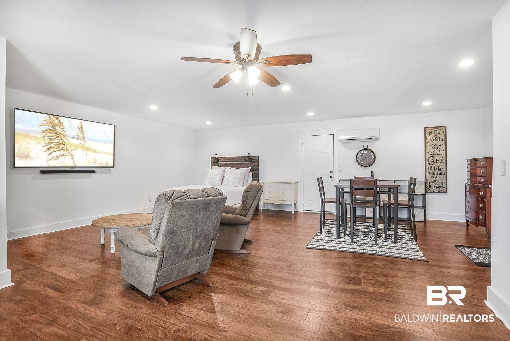 1116 Pink Poppy Lane Foley, AL 36535 - Photo 20 of 33 Living room featuring a ceiling fan, recessed lighting, wood finished floors, and a wall mounted air conditioner