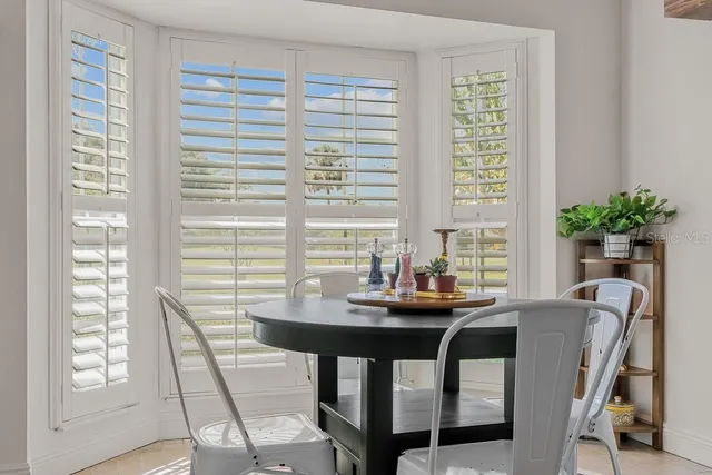 a view of a dining room with furniture and window