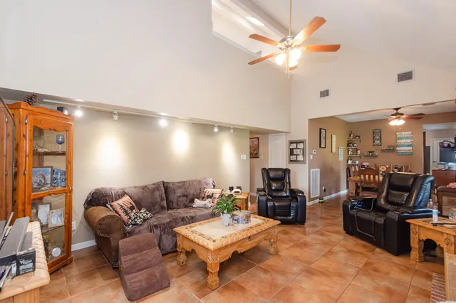a living room with furniture a ceiling fan and a rug