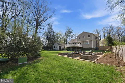 a view of a big yard with plants and large trees