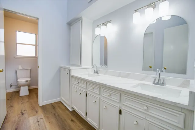a bathroom with a double vanity sink and a toilet