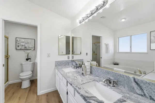 an aerial view of a house with swimming pool and large trees