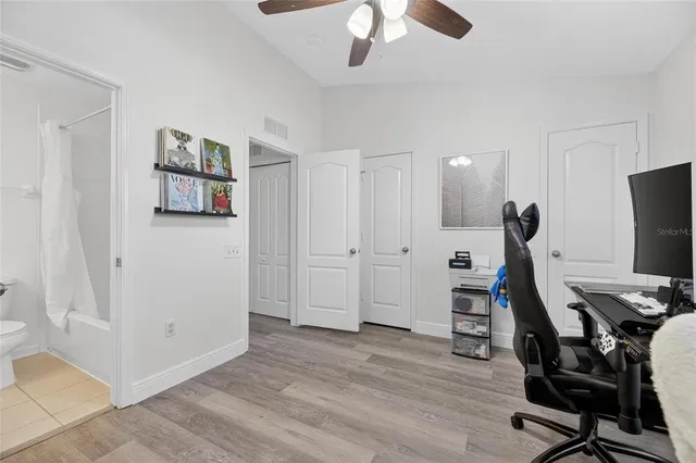 a view of a park with large trees