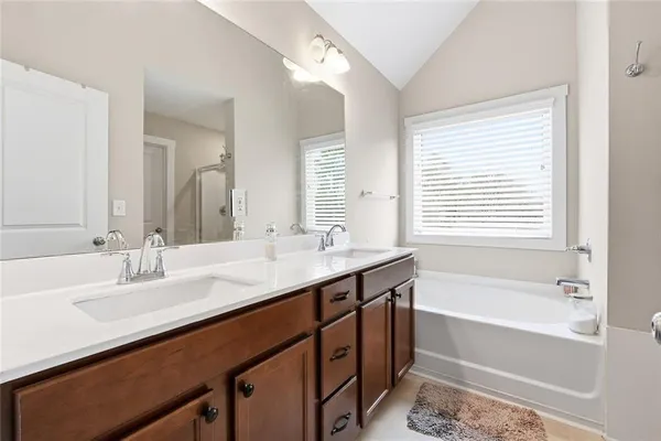 a bathroom with a tub sink and mirror
