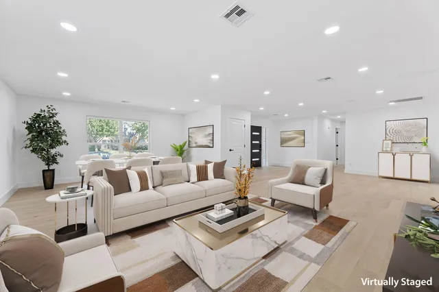 a living room with furniture and a potted plant
