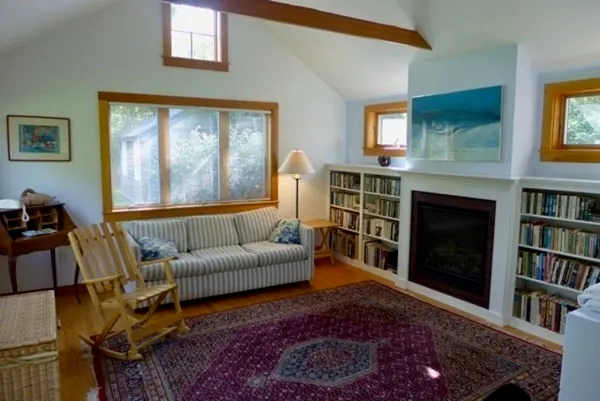 a living room with furniture a bookshelf and a fireplace