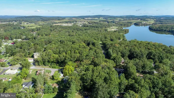 an aerial view of residential houses with outdoor space and trees