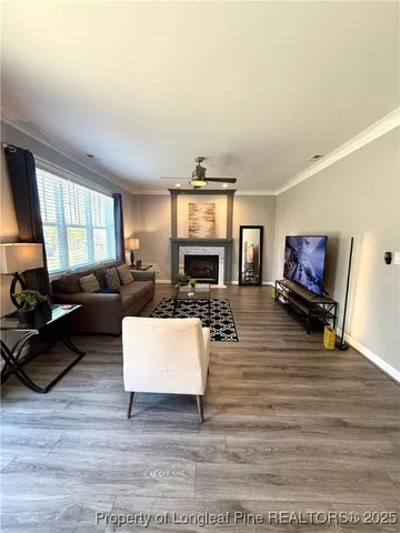 a living room with furniture a fireplace and a flat screen tv