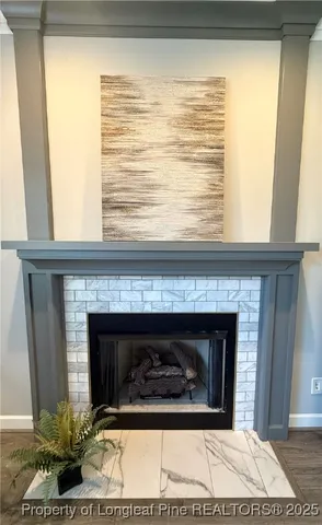 a black and white building with a fireplace