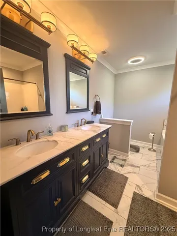 a bathroom with a sink double vanity and a mirror