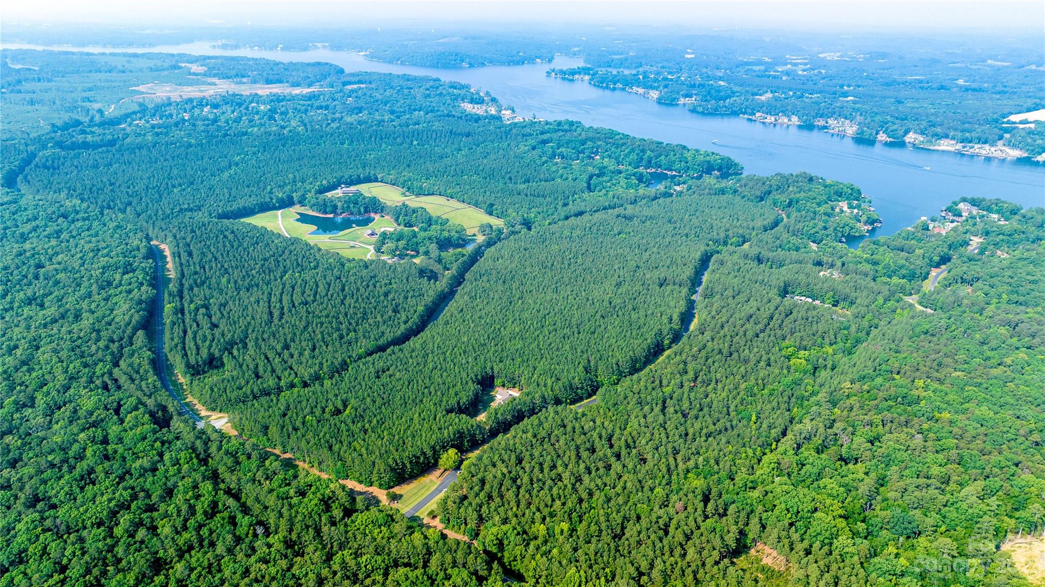 an aerial view of green landscape with trees houses and mountain view