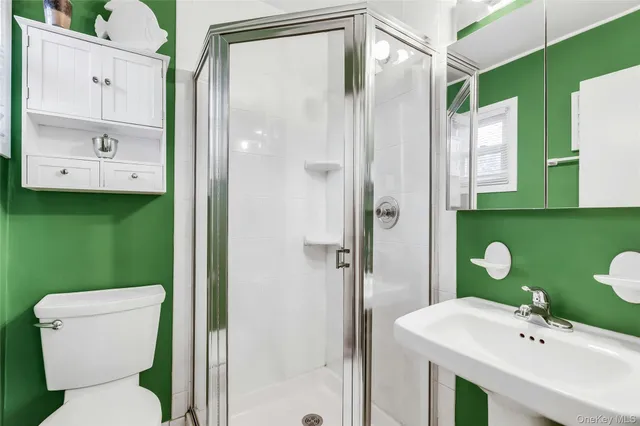 a bathroom with a sink mirror and toilet