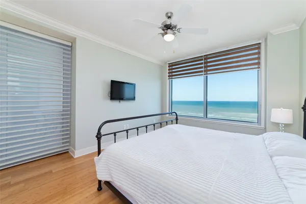 a bedroom with a bed window and a ceiling fan