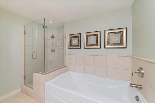 a bathroom with a bathtub and a shower