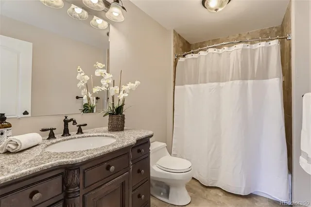 a bathroom with a granite countertop sink toilet and shower