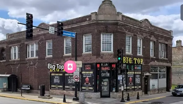 a front view of a building with street