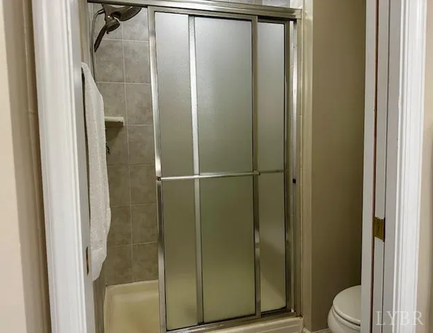 a bathroom with a shower and toilet