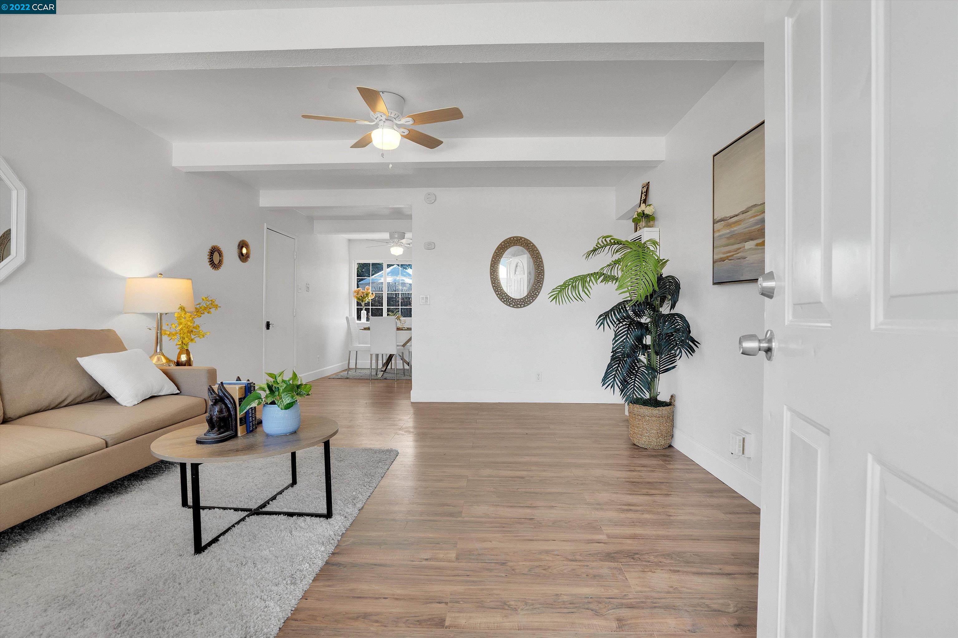 a living room with furniture and a potted plant