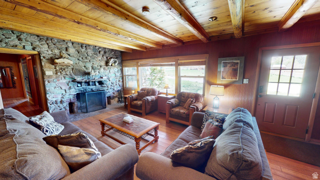 315 Abbey Road Moab, UT 84532 - Photo 9 of 46 Living room featuring hardwood / wood-style floors, a fireplace, and a wooden ceiling with exposed beams