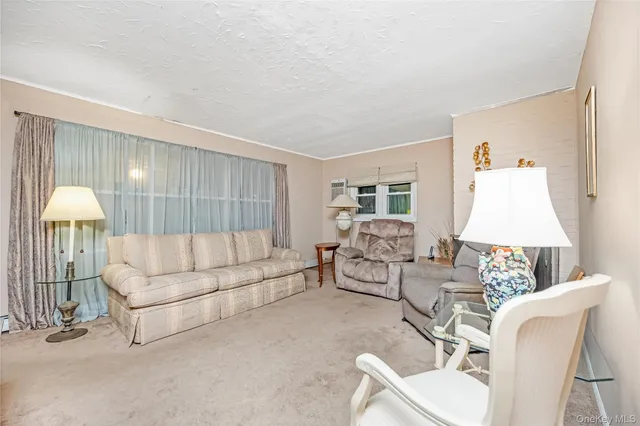 a living room with furniture a chandelier and a rug