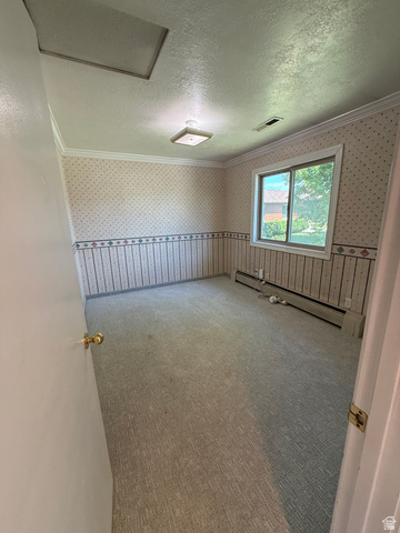 328 Heather Ridge Circle Sandy, UT 84070 - Photo 4 of 32 Spacious room featuring a large window, wall-to-wall carpeting, crown molding, and a flush-mount ceiling light fixture