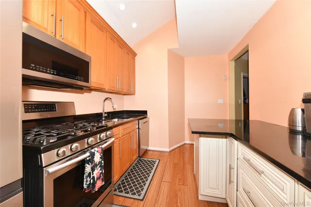 a kitchen with stainless steel appliances granite countertop a stove a sink and a microwave