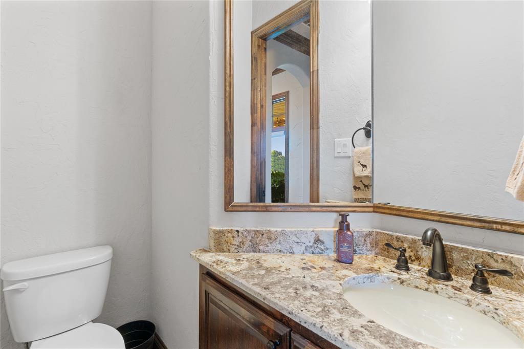 293 Harborview Drive Rockwall, TX 75032 - Photo 35 of 37 a bathroom with a granite countertop sink and a toilet