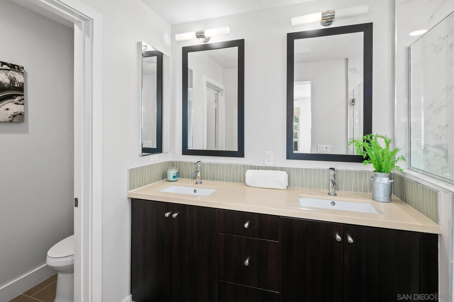 1676 Shorebreak Way Encinitas, CA 92024 - Photo 17 of 62 a bathroom with double sink and a mirror
