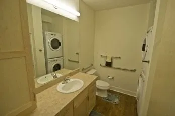 a bathroom with a sink and a washing machine