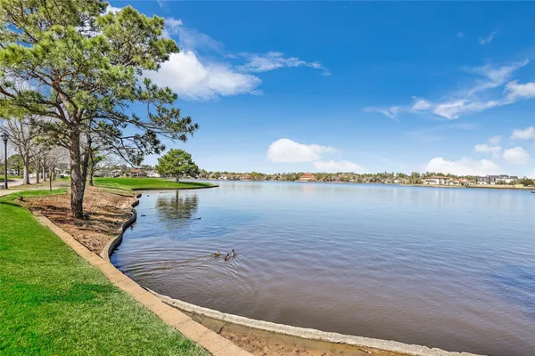 a view of a lake with houses in the back