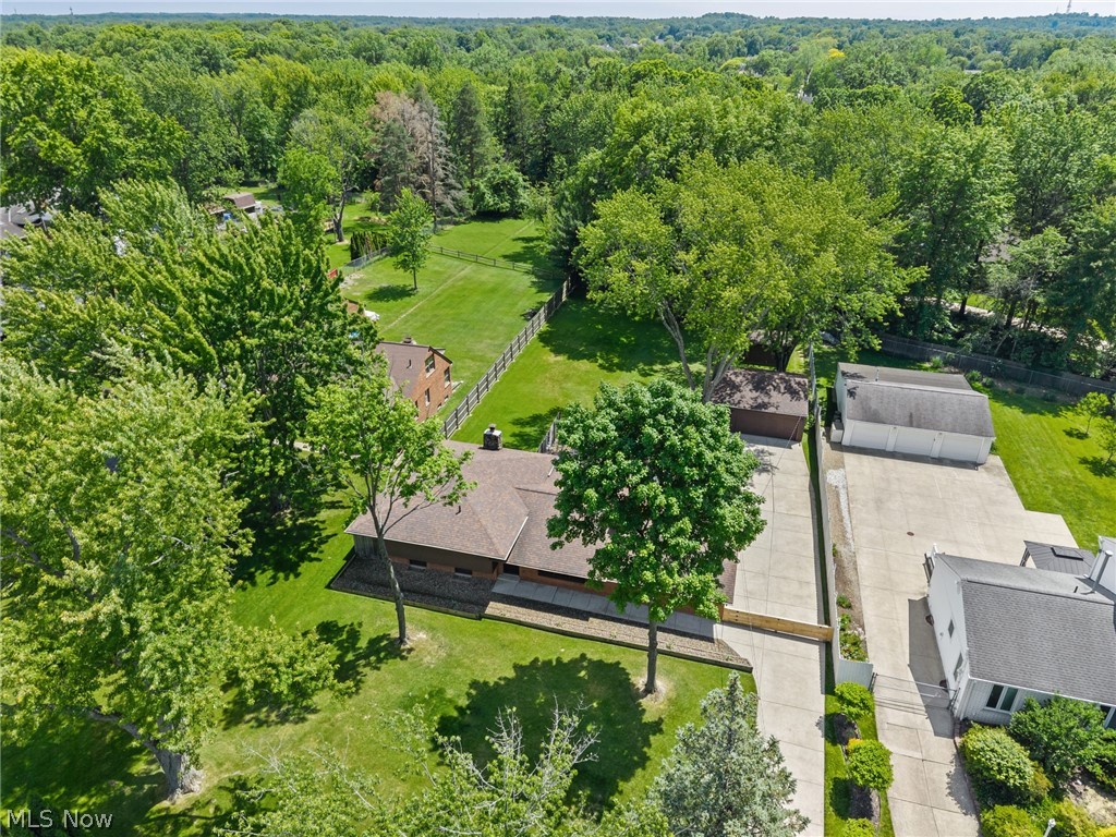 17583 Shurmer Road Strongsville, OH 44136 - Photo 2 of 50 Expansive property featuring a brown-shingled ranch home with a brick foundation, a large paved driveway, a separate detached garage, and a substantial fenced green lawn surrounded by mature trees