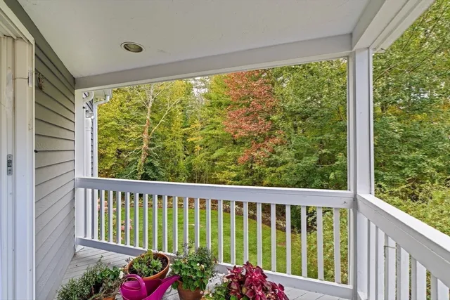 a view of a balcony with flower plants