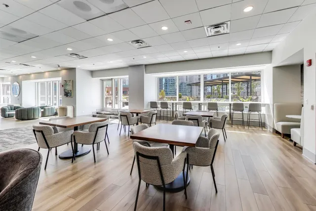 an outdoor space with seating