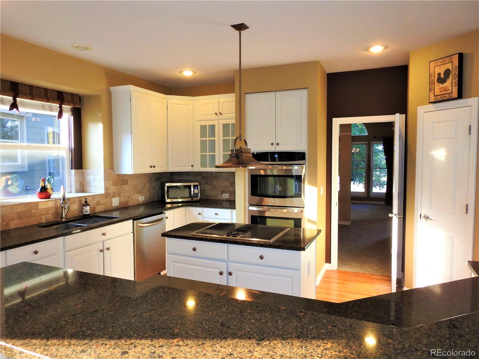 455 West Angus Way Highlands Ranch, CO 80129 - Photo 13 of 27 a kitchen with stainless steel appliances kitchen island granite countertop a stove a sink and a microwave