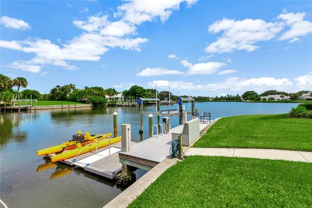 a view of a lake with a garden