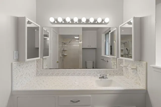 a bathroom with a sink double vanity and a mirror