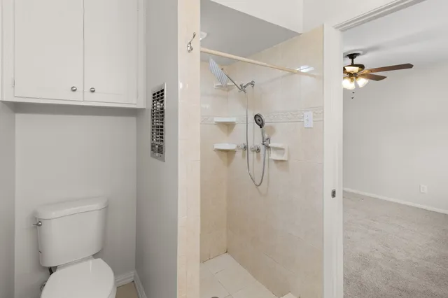 a bathroom with a shower and toilet