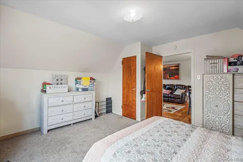 a bedroom with a bed and closet