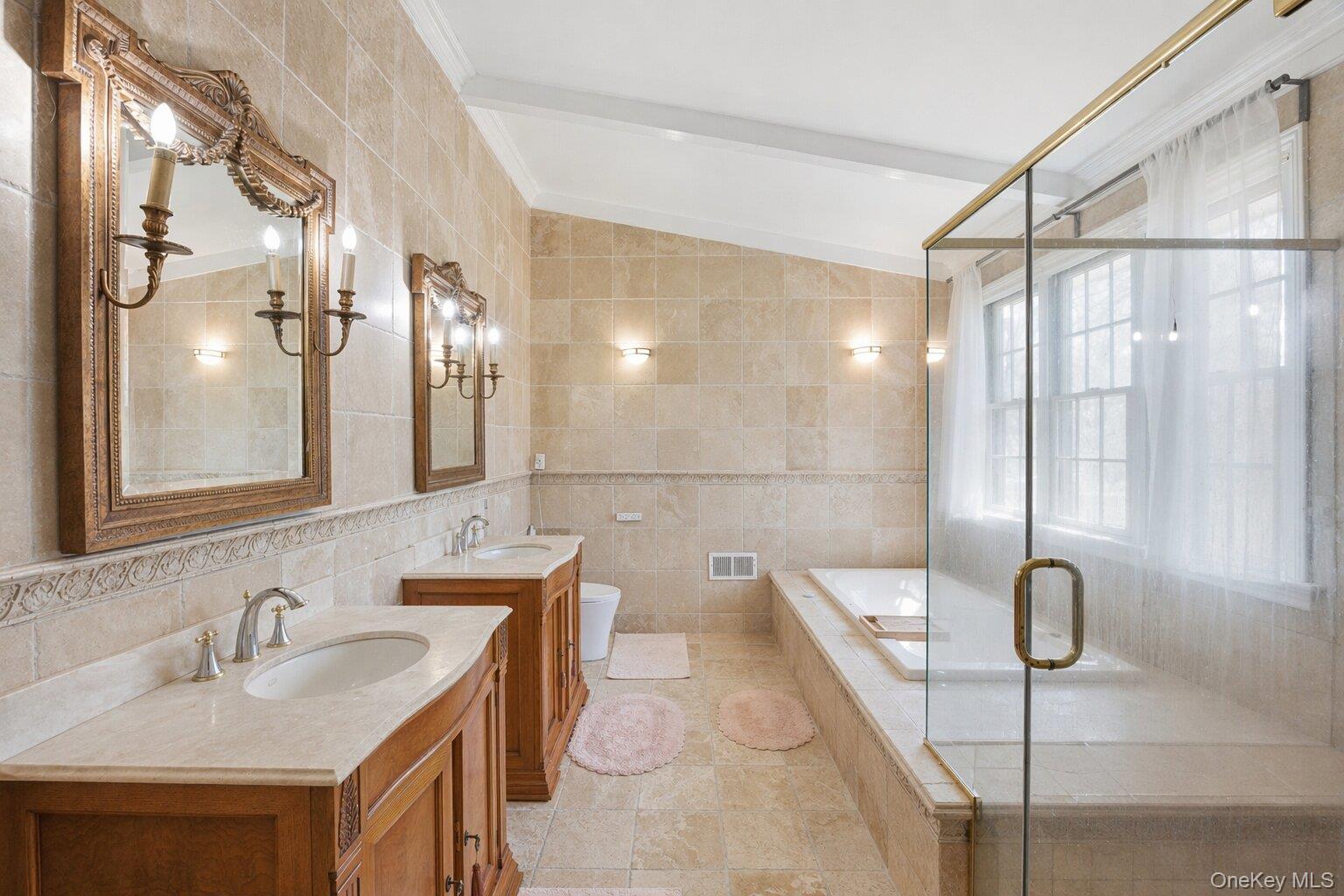 235 Centre Island Road Centre Island, NY 11771 - Photo 17 of 32 a bathroom with a double vanity sink mirror and shower