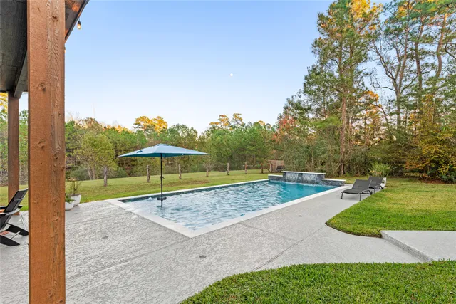 front view of a house with a patio