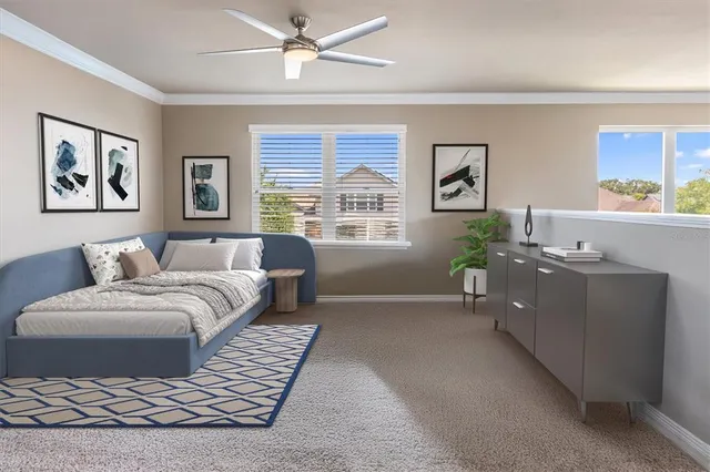 a spacious bedroom with a large bed and a window