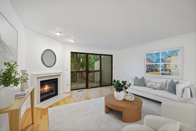 a living room with furniture fireplace and window