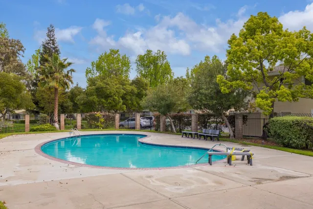a view of a swimming pool with lawn chairs and plants