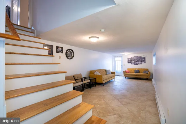 a blue room with a couch and a potted plant