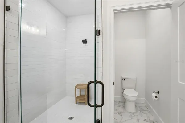 a bathroom with a toilet and a shower