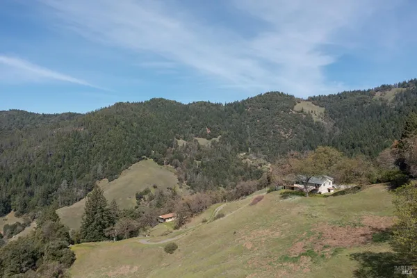 a view of a dry yard with mountains in the background