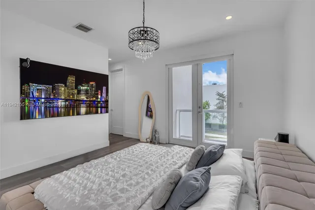 a bedroom with a bed and a wall painting