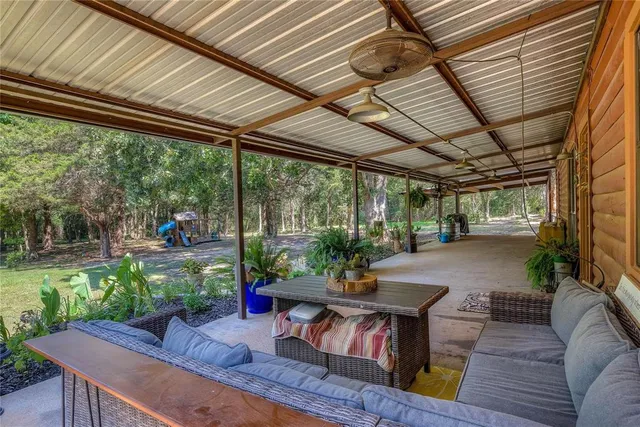 a garden view with a seating space